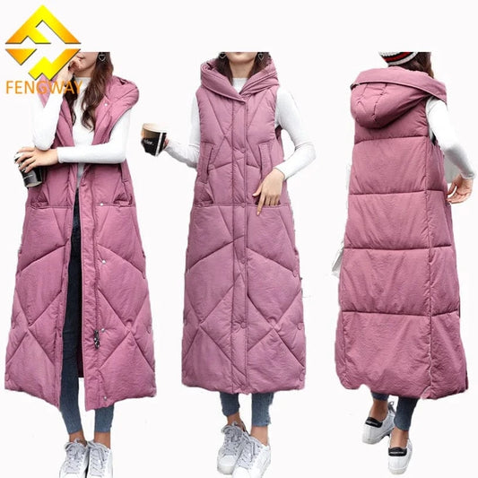 2024 Winter Thicken Warm Hooded Long Bubble Coat Fashion Cotton-Padded Jacket Sleeveless Puffer Vest For Women