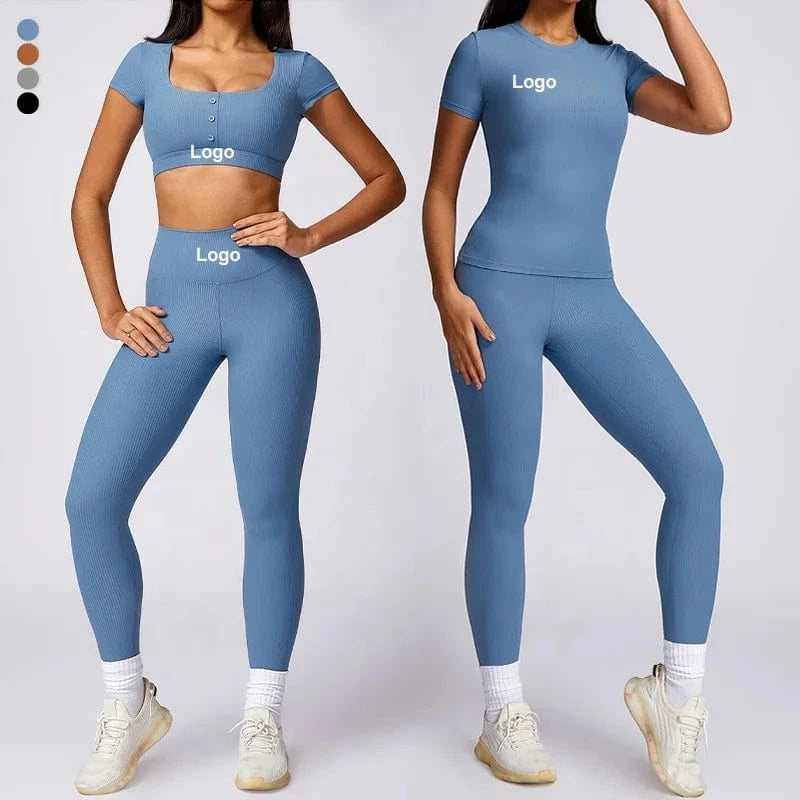 2024 Women 2 Piece Gym Workout Suit Square Neck Sports Bra Tshirt Tank Top Butt Lift Legging Set Ladies Ribbed Fitness Yoga Sets