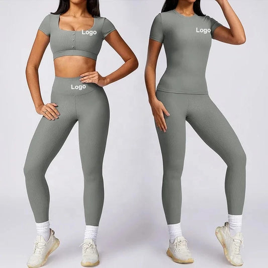 2024 Women 2 Piece Gym Workout Suit Square Neck Sports Bra Tshirt Tank Top Butt Lift Legging Set Ladies Ribbed Fitness Yoga Sets