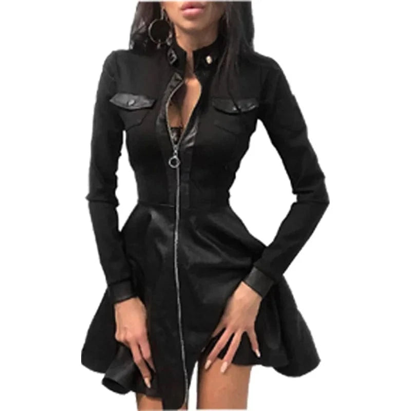 2024 Women Autumn Winter Fashion Stand Collar Print Zipper Long Sleeve High Waist Mini Pocket PU Leather Splicing Slim Dress
