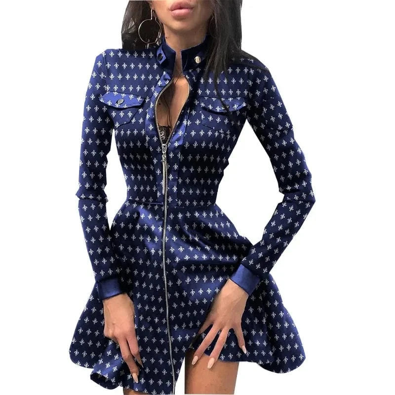 2024 Women Autumn Winter Fashion Stand Collar Print Zipper Long Sleeve High Waist Mini Pocket PU Leather Splicing Slim Dress