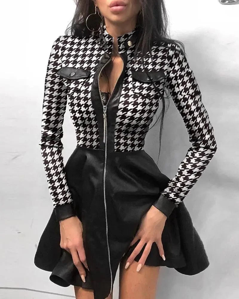 2024 Women Autumn Winter Fashion Stand Collar Print Zipper Long Sleeve High Waist Mini Pocket PU Leather Splicing Slim Dress