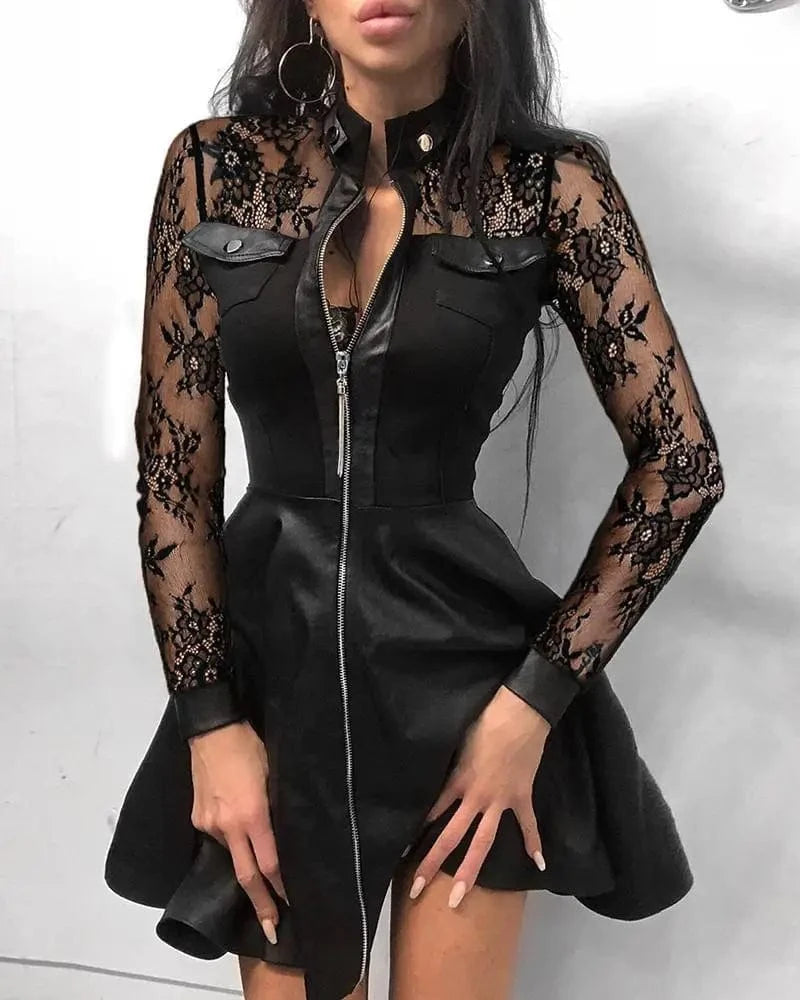 2024 Women Autumn Winter Fashion Stand Collar Print Zipper Long Sleeve High Waist Mini Pocket PU Leather Splicing Slim Dress