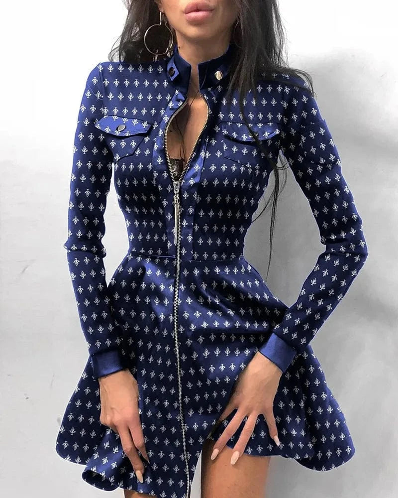 2024 Women Autumn Winter Fashion Stand Collar Print Zipper Long Sleeve High Waist Mini Pocket PU Leather Splicing Slim Dress