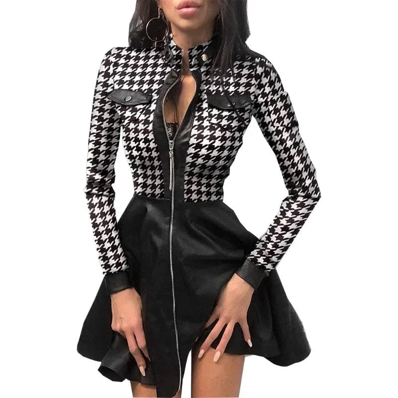 2024 Women Autumn Winter Fashion Stand Collar Print Zipper Long Sleeve High Waist Mini Pocket PU Leather Splicing Slim Dress