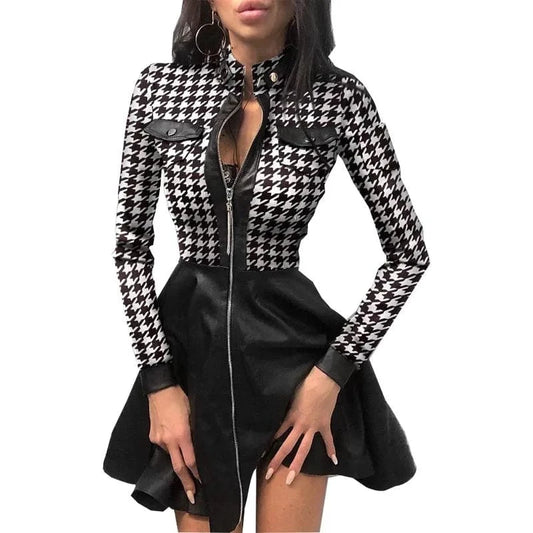 2024 Women Autumn Winter Fashion Stand Collar Print Zipper Long Sleeve High Waist Mini Pocket PU Leather Splicing Slim Dress