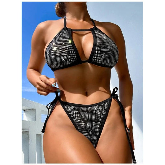 2024 Women Bling Rhinestone Crystal Diamond Club Swimsuit Halter Push Up Beachwear High Quality Metallic Rose Black Shiny Bikini