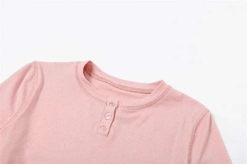 2024 Women clothes set high Waist slim fit  pink 2 piece long sleeve crop top and shorts set loungewear sets for women