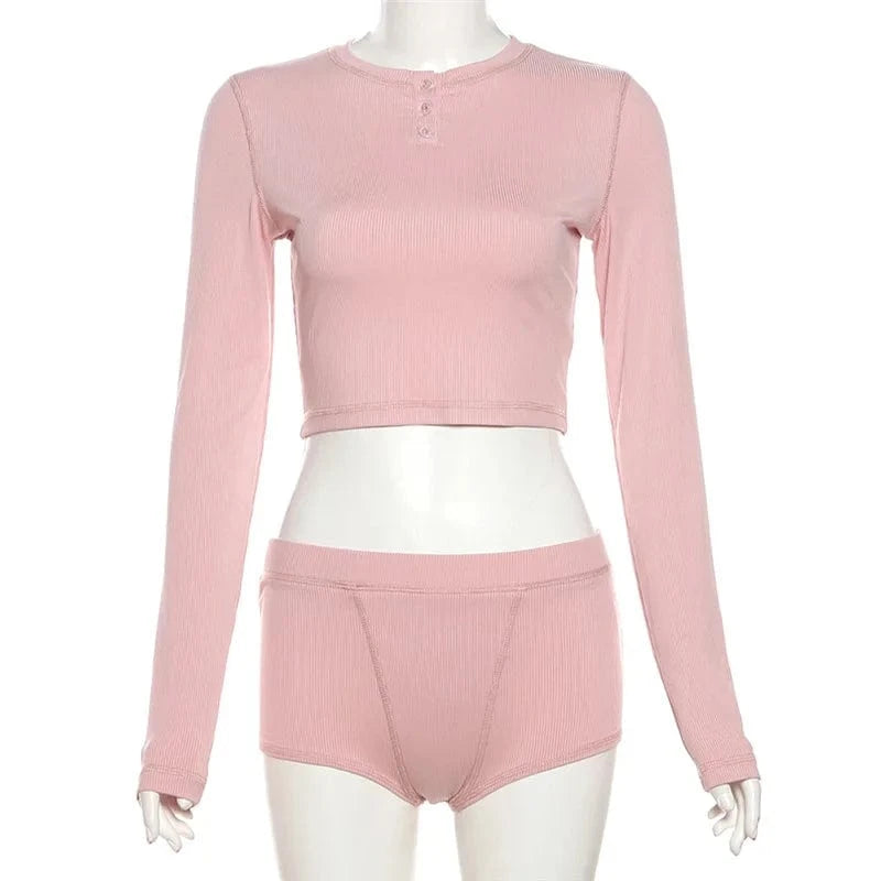 2024 Women clothes set high Waist slim fit  pink 2 piece long sleeve crop top and shorts set loungewear sets for women