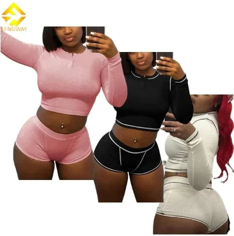 2024 Women clothes set high Waist slim fit  pink 2 piece long sleeve crop top and shorts set loungewear sets for women