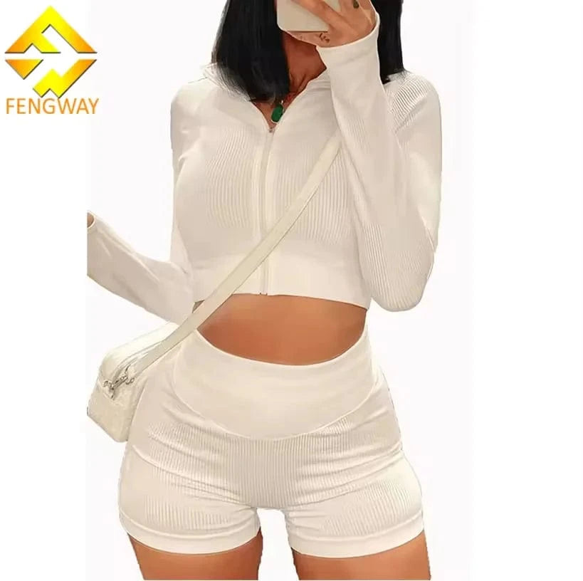 2024 Women Clothes Set Ribbed Two Piece Set Women's Jogger Outfits Zip Up Crop Top And High Waist Shorts Set