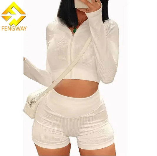 2024 Women Clothes Set Ribbed Two Piece Set Women's Jogger Outfits Zip Up Crop Top And High Waist Shorts Set