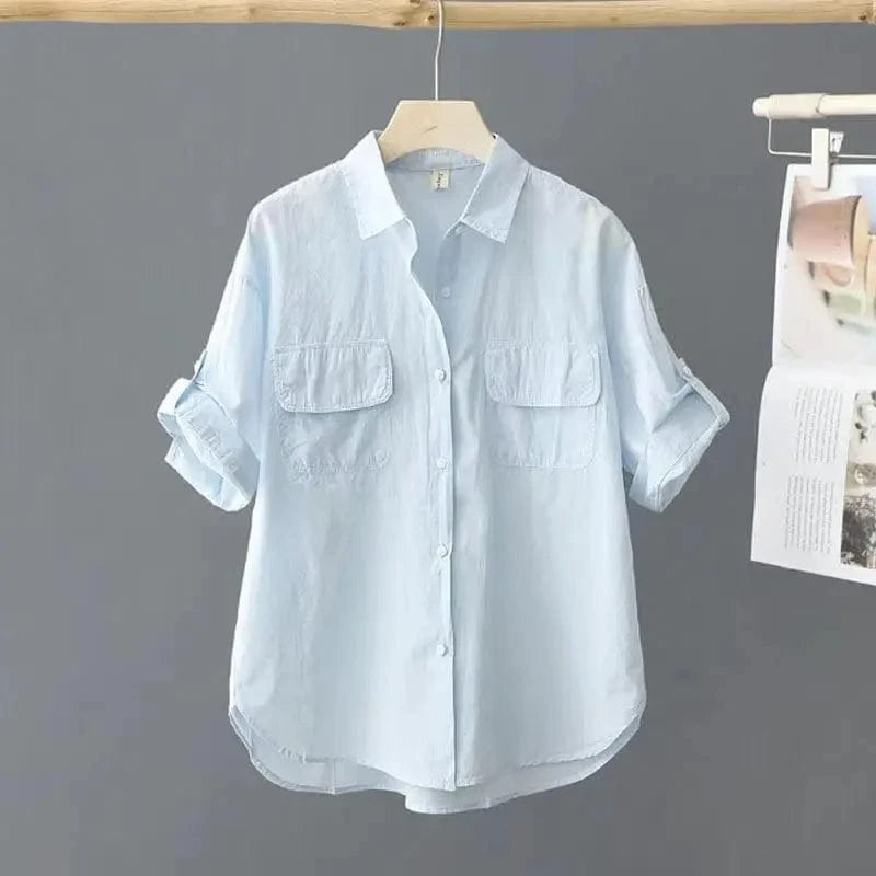 2024 Women Cotton Long Sleeve Solid Color Shirts Tops Pockets Lapel Collar Button Outwear Street Loose Fashion Casual Shirt