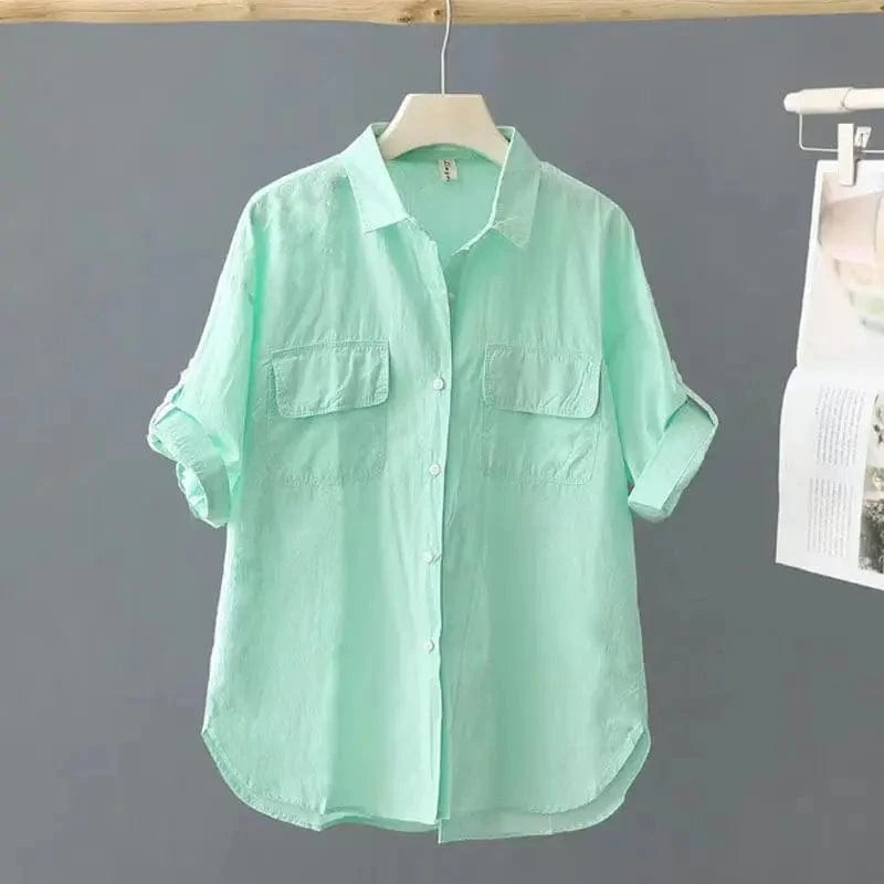 2024 Women Cotton Long Sleeve Solid Color Shirts Tops Pockets Lapel Collar Button Outwear Street Loose Fashion Casual Shirt