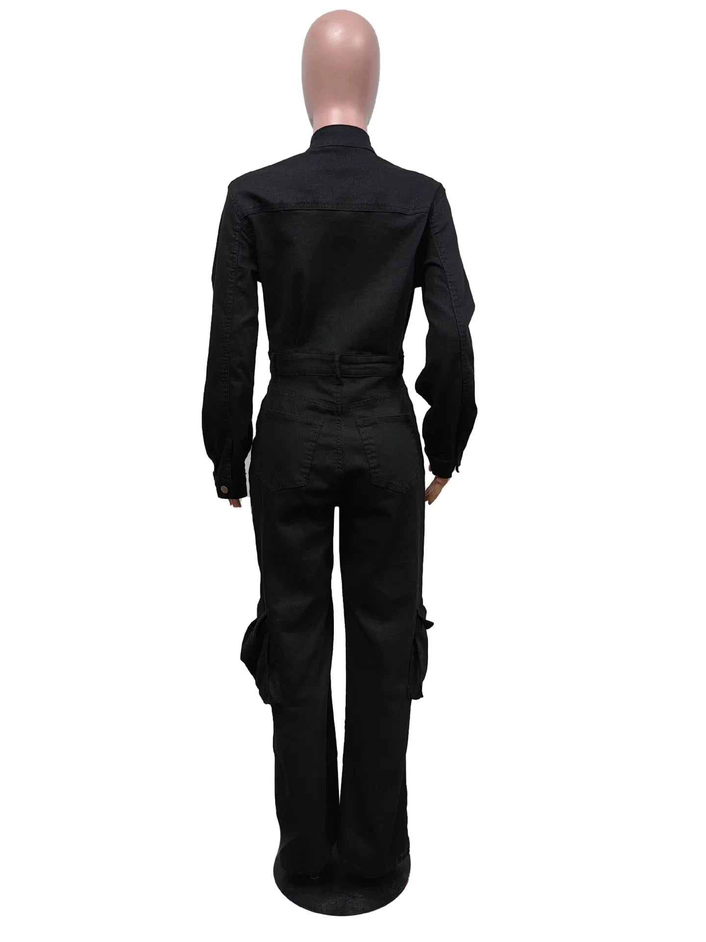 2024 Women Denim Jumpsuits Black Long Sleeve Pocket Front Turn-down Collar Wide Leg Jean Fashion One Piece Jumpsuits