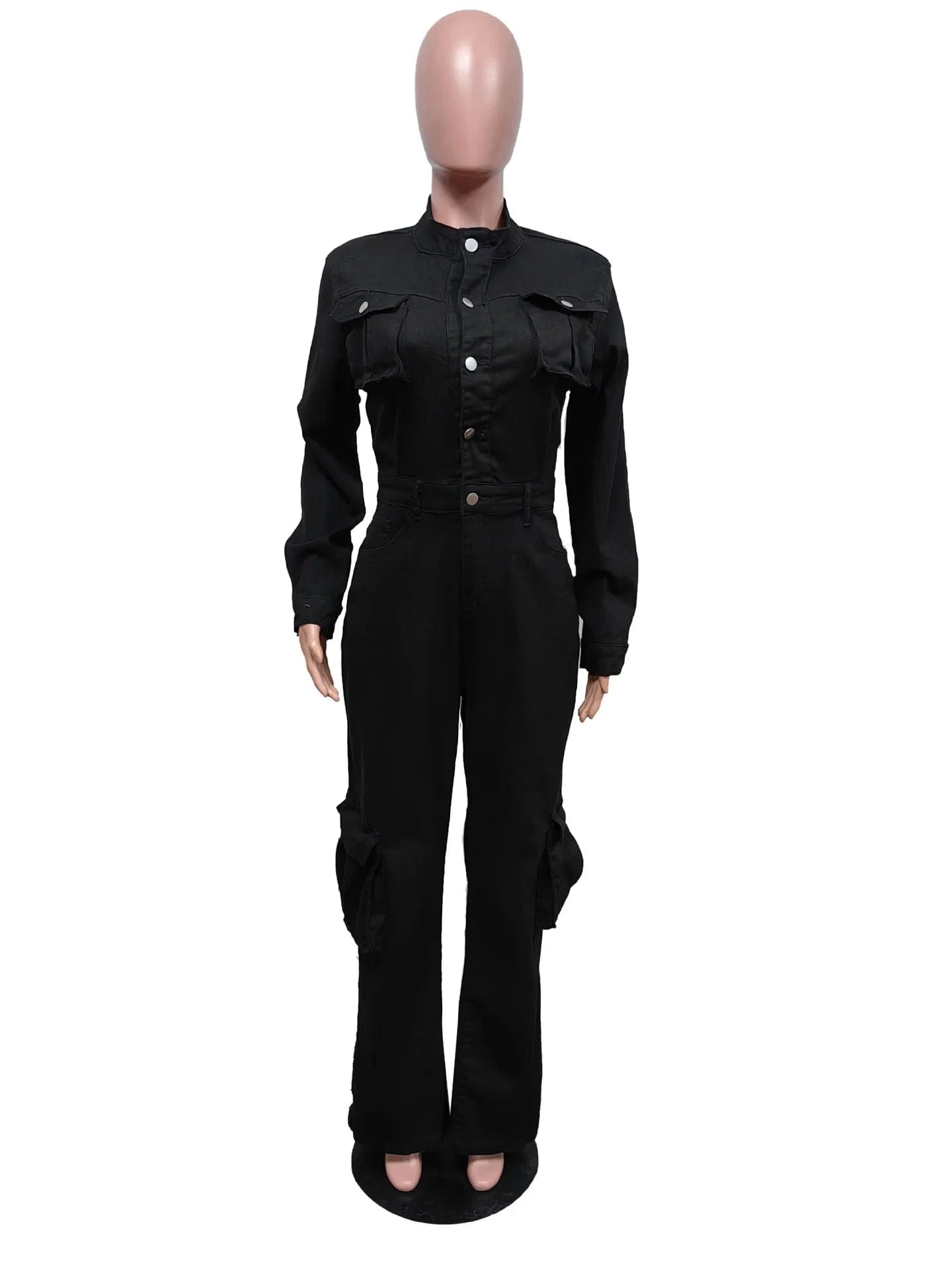 2024 Women Denim Jumpsuits Black Long Sleeve Pocket Front Turn-down Collar Wide Leg Jean Fashion One Piece Jumpsuits