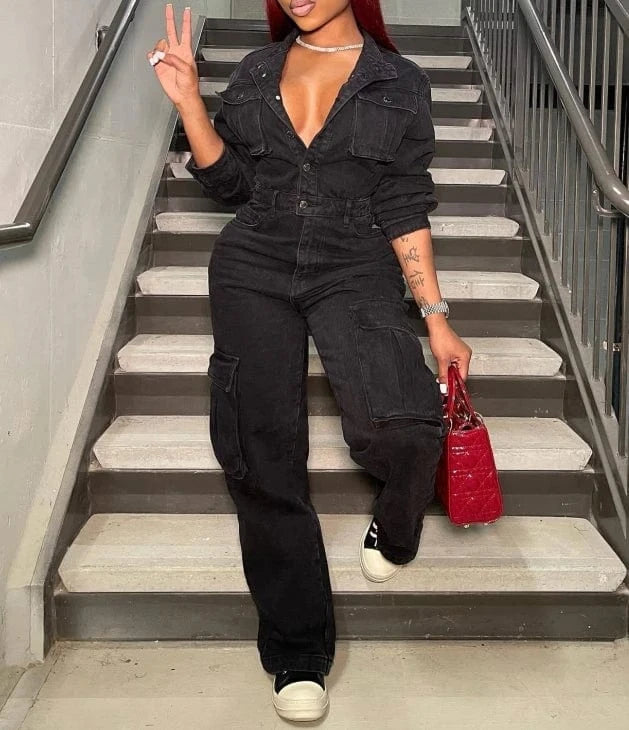 2024 Women Denim Jumpsuits Black Long Sleeve Pocket Front Turn-down Collar Wide Leg Jean Fashion One Piece Jumpsuits