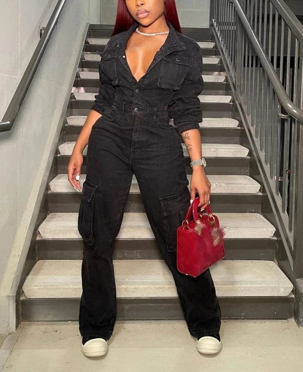 2024 Women Denim Jumpsuits Black Long Sleeve Pocket Front Turn-down Collar Wide Leg Jean Fashion One Piece Jumpsuits