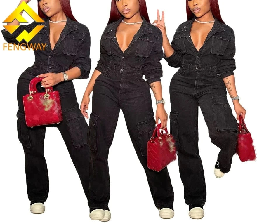 2024 Women Denim Jumpsuits Black Long Sleeve Pocket Front Turn-down Collar Wide Leg Jean Fashion One Piece Jumpsuits
