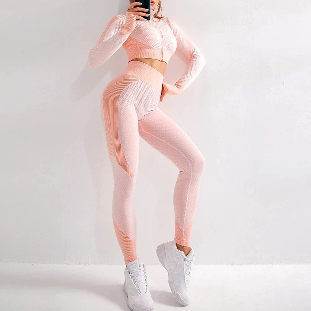 2024 Women Hip Lifting Slim Elastic sports clothes suit knitting hip lifting elastic Fitness long sleeve yoga sets