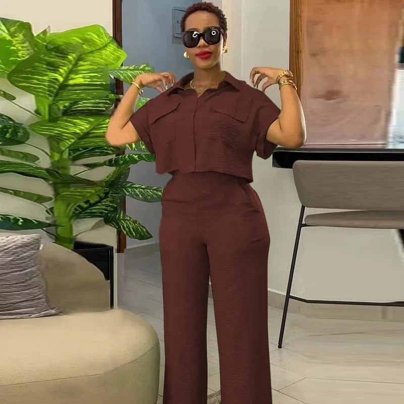 2024 Women hot sale Summer New Casual Lapel Short-sleeved Shirt Wide-leg Trousers Fashion Suit Solid Pocket set