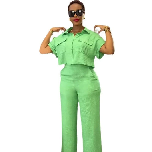 2024 Women hot sale Summer New Casual Lapel Short-sleeved Shirt Wide-leg Trousers Fashion Suit Solid Pocket set