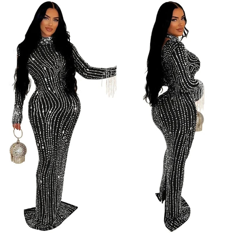 2024 women lady mesh sheer sexy long sleeve heavy beaded rhinestone crystal appliqued maxi long Evening gown Dress with glitter