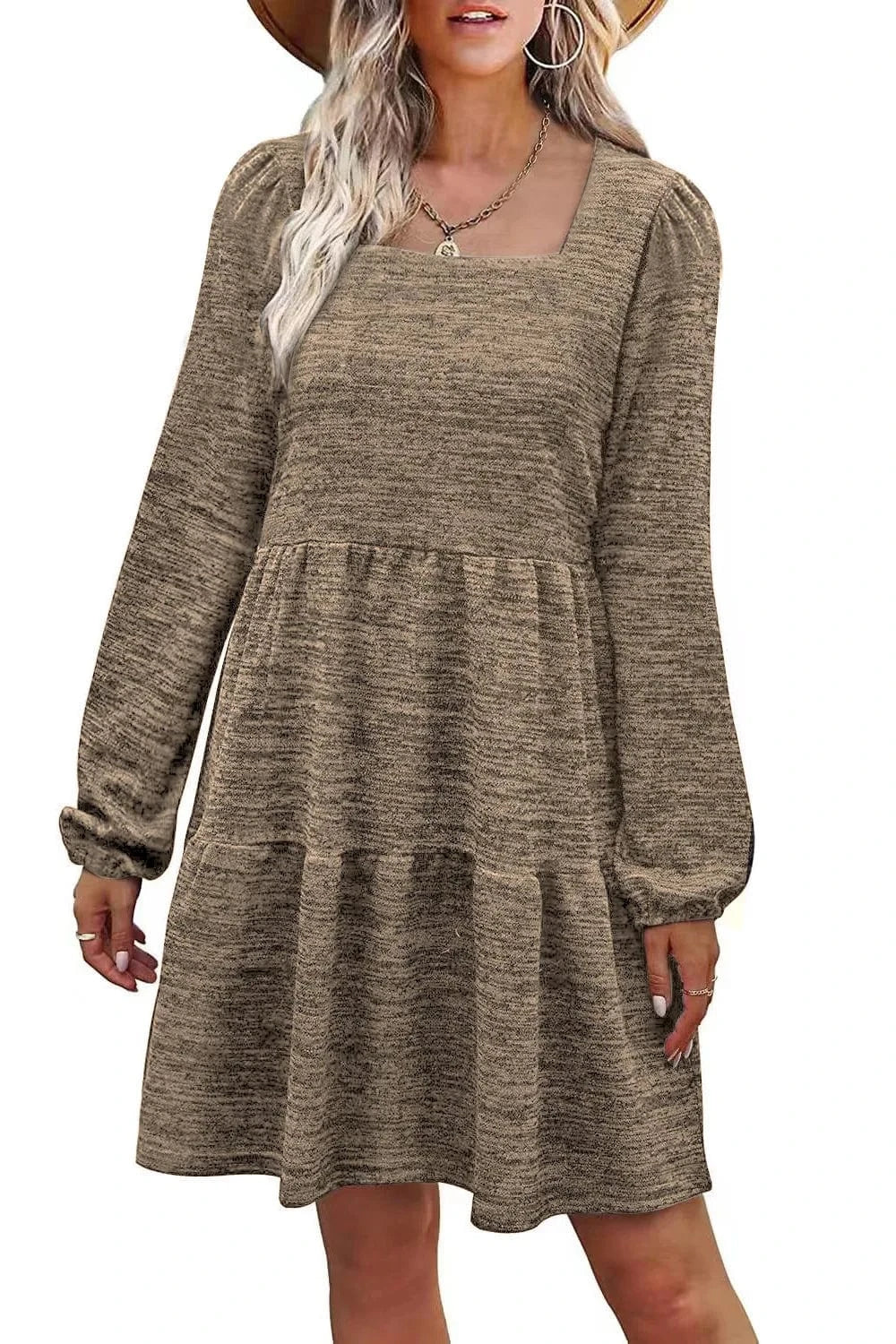 2024 Women Long Sleeve Dress Europe New Fashion Lady  Spring Autumn Patchwork  Square Collar Casual Midi A-line Dress