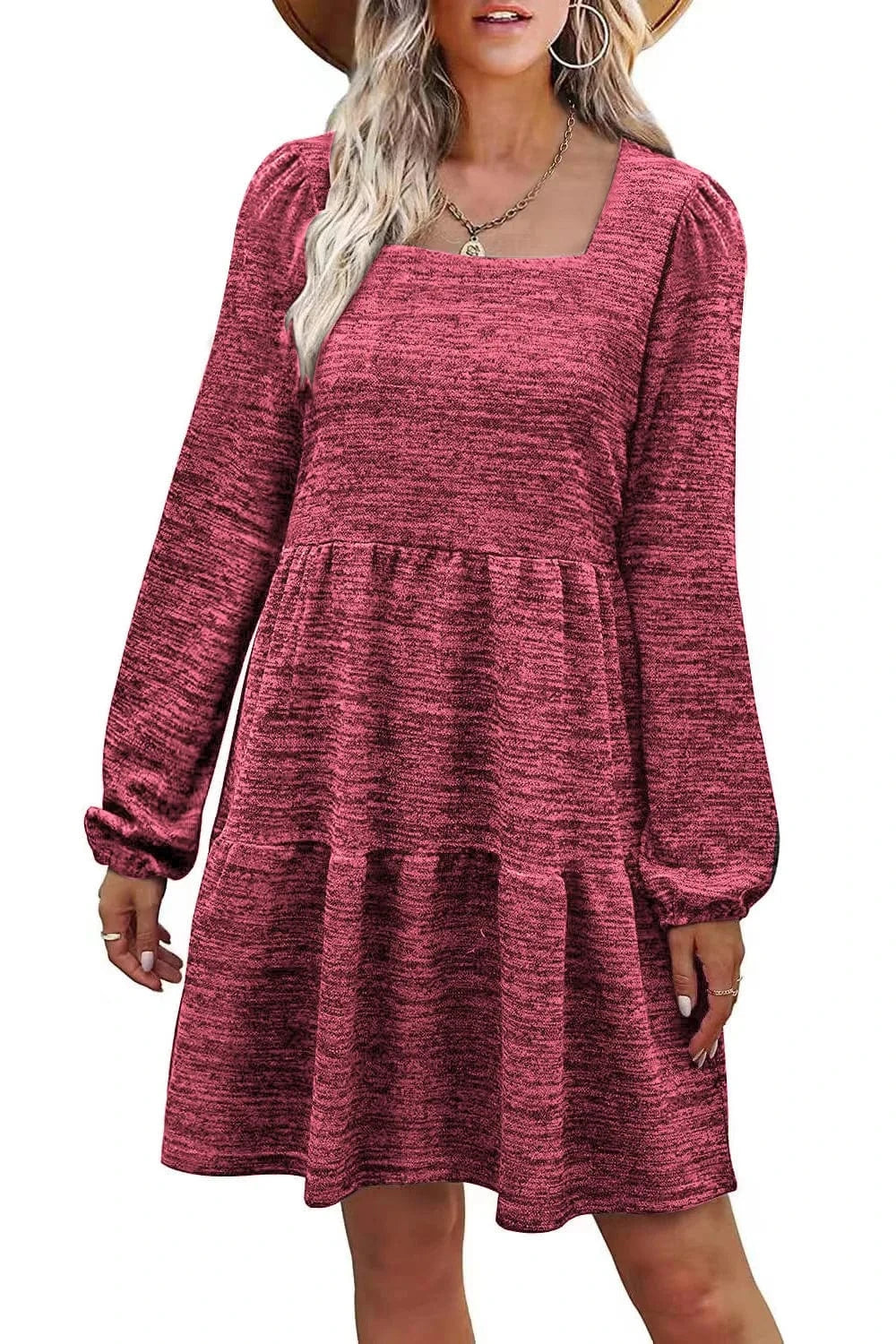 2024 Women Long Sleeve Dress Europe New Fashion Lady  Spring Autumn Patchwork  Square Collar Casual Midi A-line Dress