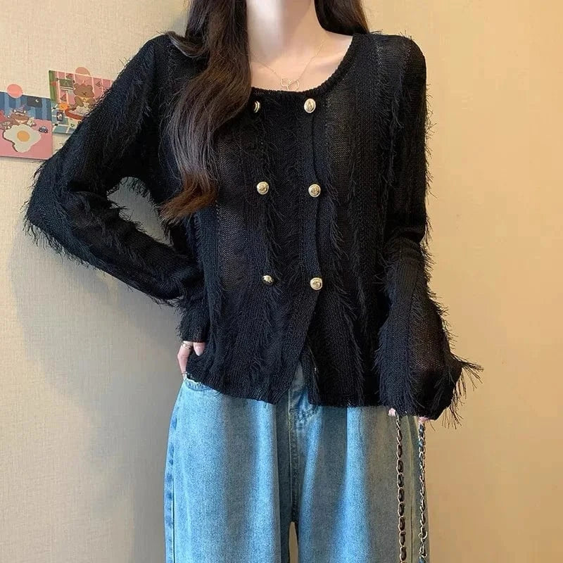 2024 women new arrival crew neck long sleeve loose spring thin tassel sweater cardigan