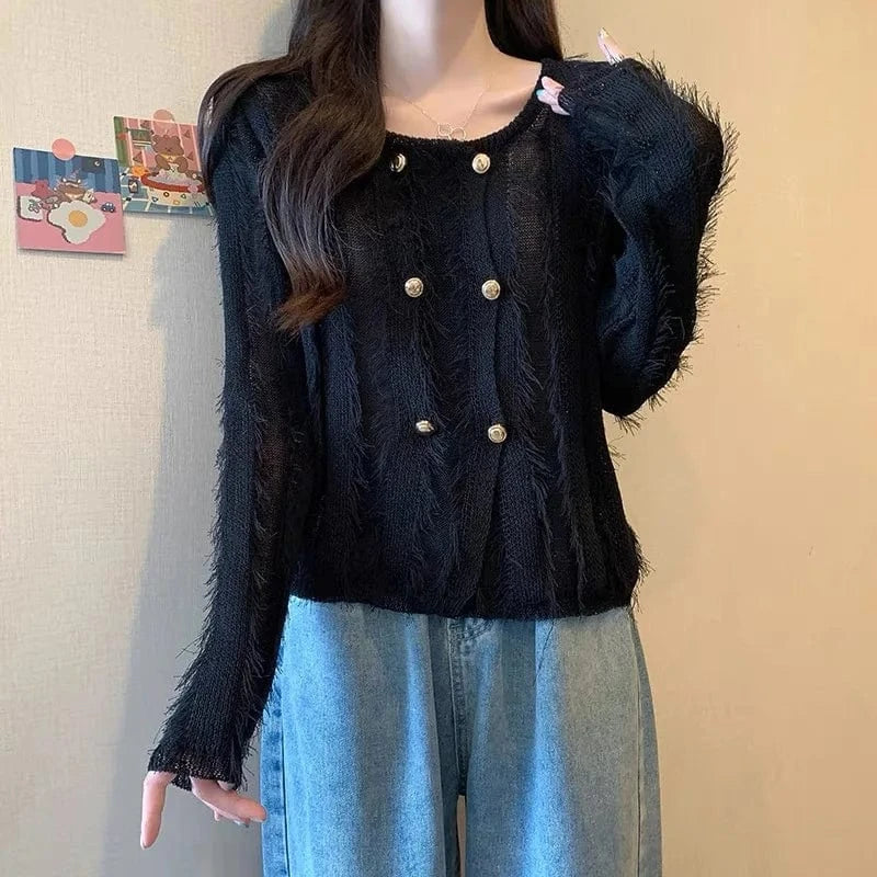 2024 women new arrival crew neck long sleeve loose spring thin tassel sweater cardigan