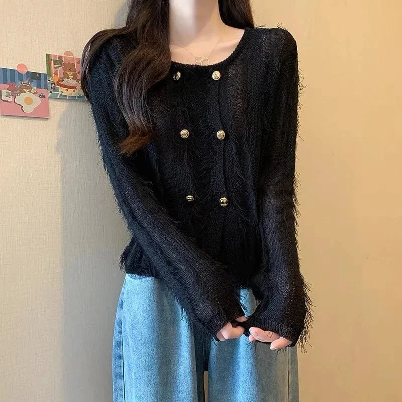 2024 women new arrival crew neck long sleeve loose spring thin tassel sweater cardigan