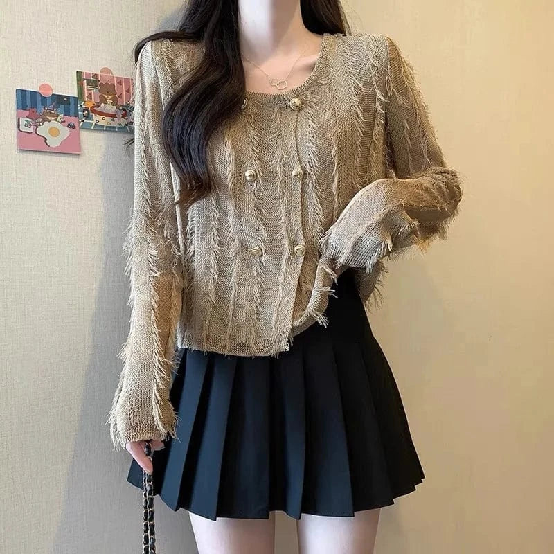 2024 women new arrival crew neck long sleeve loose spring thin tassel sweater cardigan