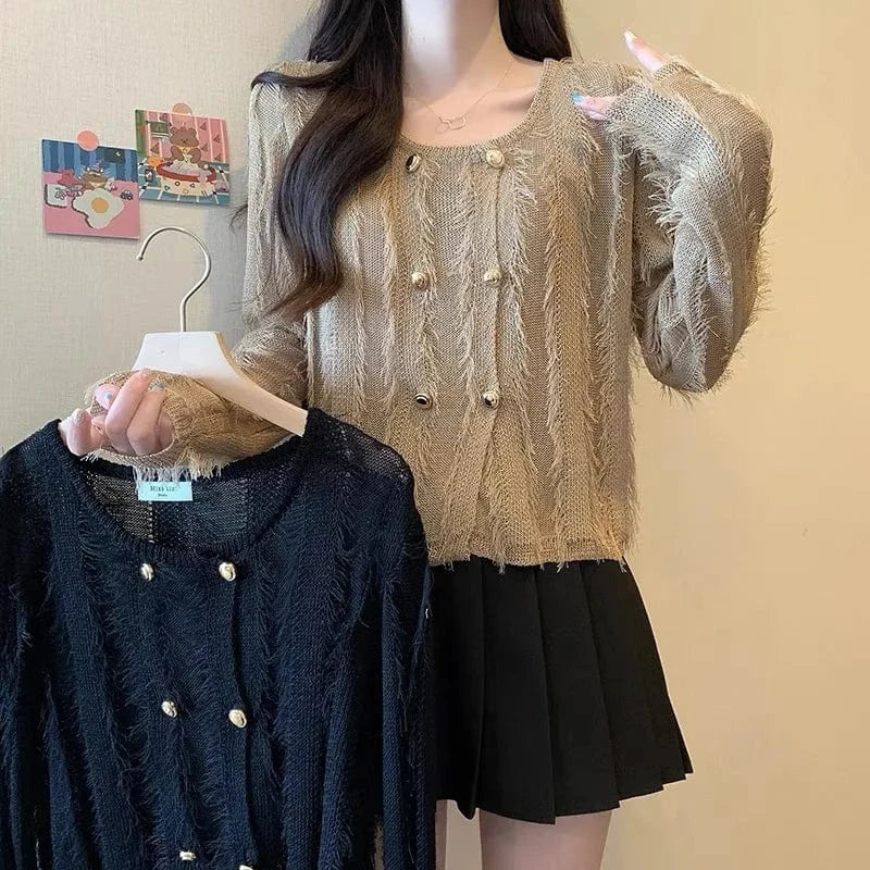 2024 women new arrival crew neck long sleeve loose spring thin tassel sweater cardigan