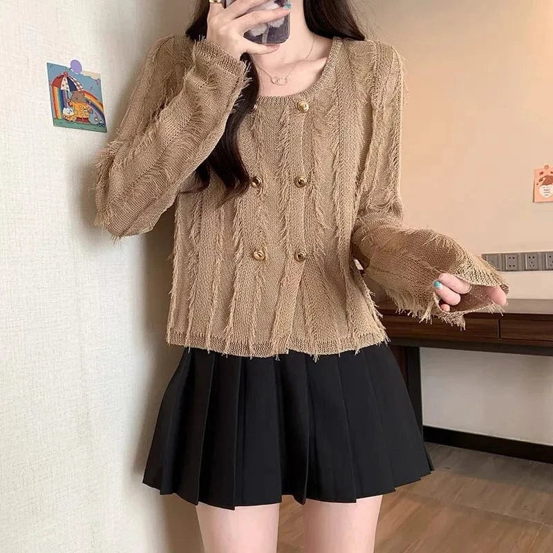 2024 women new arrival crew neck long sleeve loose spring thin tassel sweater cardigan