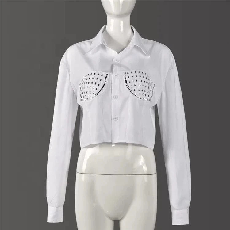 2024 Women Rhinestone Pocket Button up Shirts for Women Long Sleeve Shirts and Blouses Woman