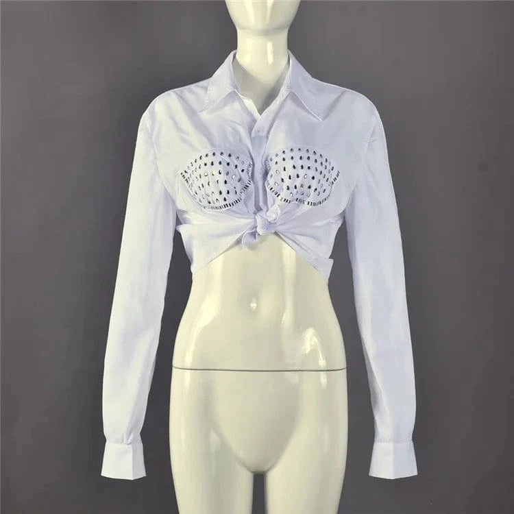 2024 Women Rhinestone Pocket Button up Shirts for Women Long Sleeve Shirts and Blouses Woman