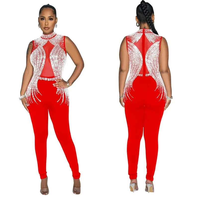 2024 women's elegant sexy chic black rhinestone crystal bead diamond wedding evening pants jumpsuit overall romper for ladies