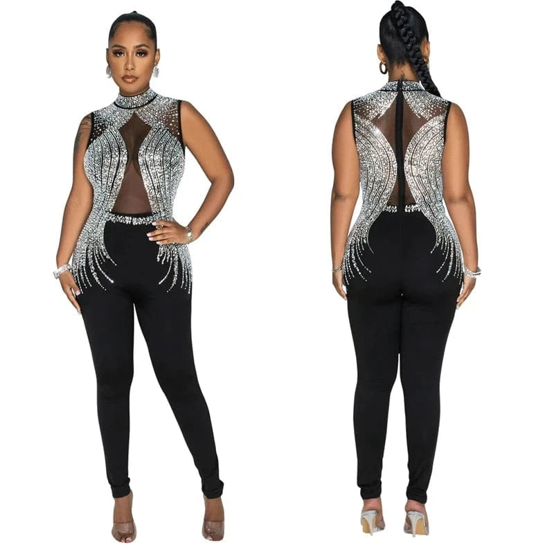 2024 women's elegant sexy chic black rhinestone crystal bead diamond wedding evening pants jumpsuit overall romper for ladies