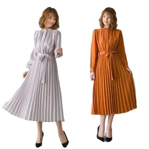 2024 Women's Minimalist Long Sleeve Solid Color Stand Up Collar Tie Up Waist Pleated Women's Clothes  Casual Loose Fitting Dress
