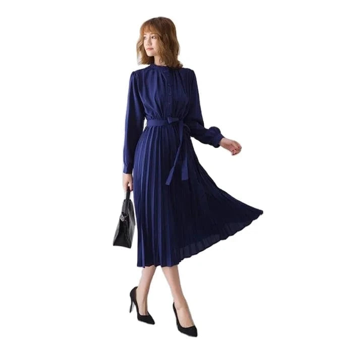 2024 Women's Minimalist Long Sleeve Solid Color Stand Up Collar Tie Up Waist Pleated Women's Clothes  Casual Loose Fitting Dress