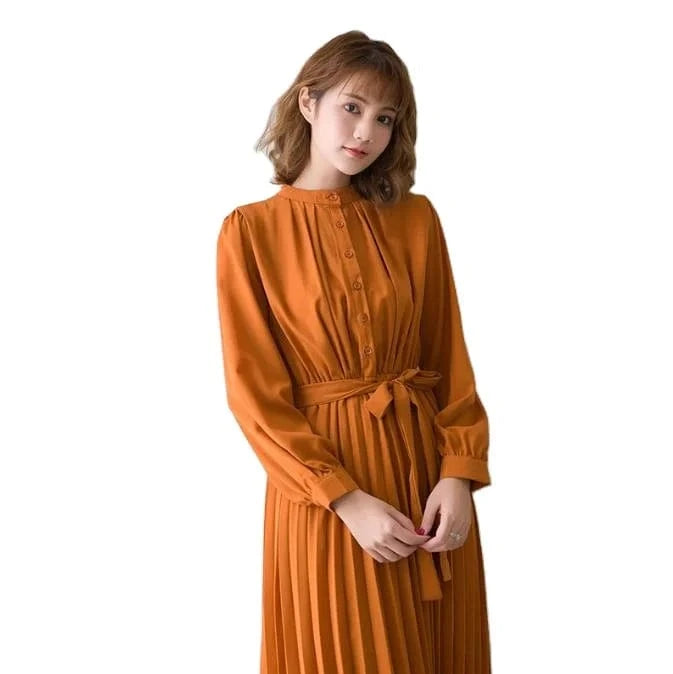 2024 Women's Minimalist Long Sleeve Solid Color Stand Up Collar Tie Up Waist Pleated Women's Clothes  Casual Loose Fitting Dress