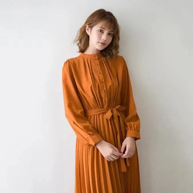 2024 Women's Minimalist Long Sleeve Solid Color Stand Up Collar Tie Up Waist Pleated Women's Clothes  Casual Loose Fitting Dress