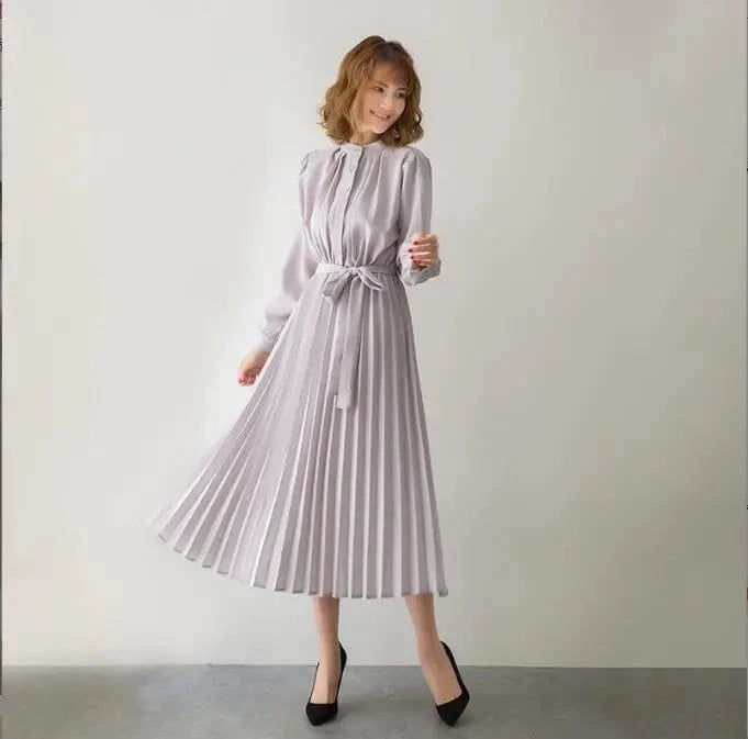 2024 Women's Minimalist Long Sleeve Solid Color Stand Up Collar Tie Up Waist Pleated Women's Clothes  Casual Loose Fitting Dress
