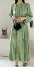 2024 Women's Minimalist Long Sleeve Solid Color Stand Up Collar Tie Up Waist Pleated Women's Clothes  Casual Loose Fitting Dress