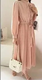 2024 Women's Minimalist Long Sleeve Solid Color Stand Up Collar Tie Up Waist Pleated Women's Clothes  Casual Loose Fitting Dress