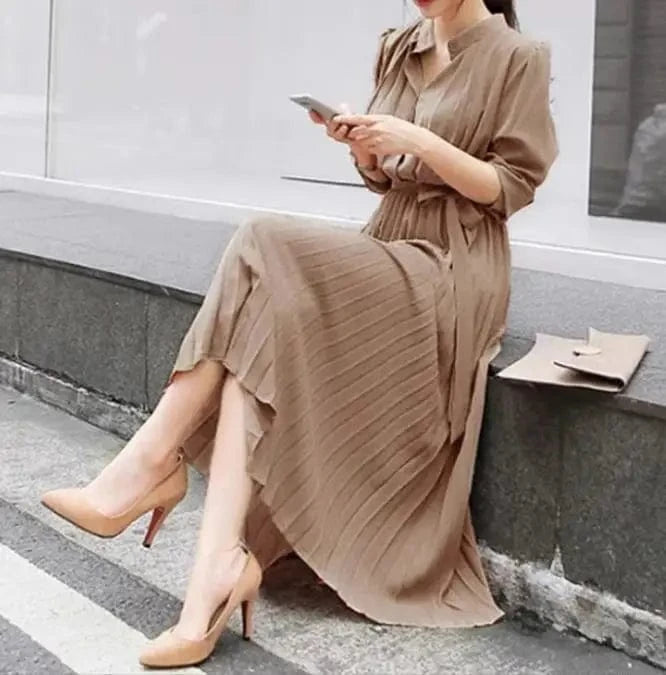 2024 Women's Minimalist Long Sleeve Solid Color Stand Up Collar Tie Up Waist Pleated Women's Clothes  Casual Loose Fitting Dress