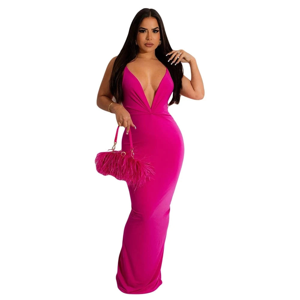 2024 Women's Solid Color V-Neck Dress Sexy Deep Solid-Color Casual Polyester Spandex Natural Waistline Straight Evening Dress
