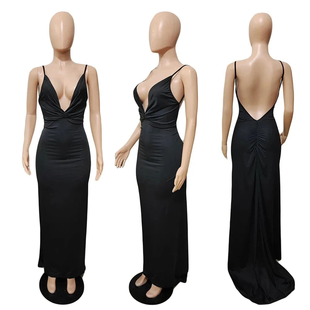 2024 Women's Solid Color V-Neck Dress Sexy Deep Solid-Color Casual Polyester Spandex Natural Waistline Straight Evening Dress
