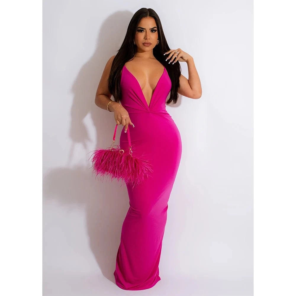 2024 Women's Solid Color V-Neck Dress Sexy Deep Solid-Color Casual Polyester Spandex Natural Waistline Straight Evening Dress